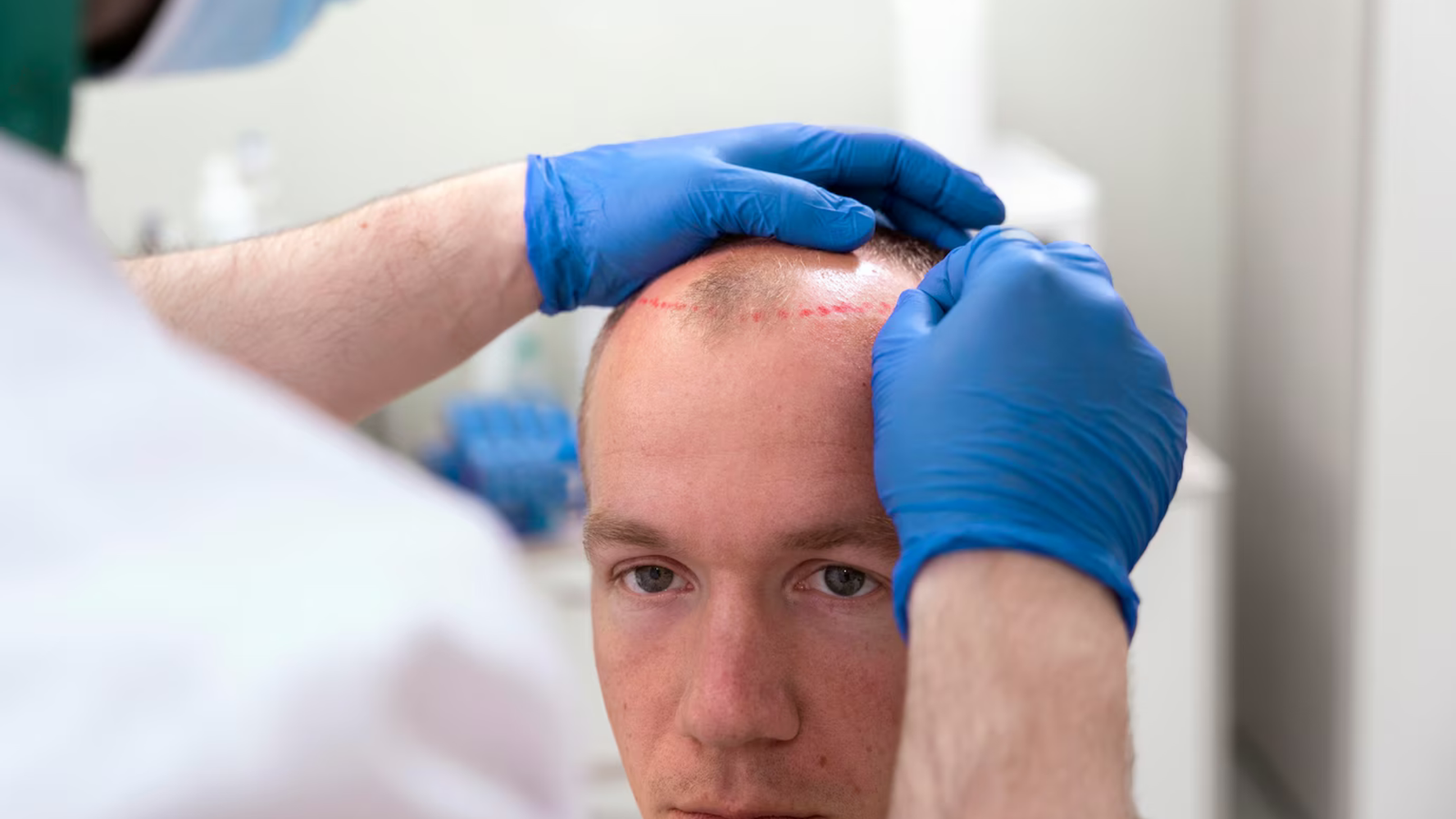 Médico evaluando el área capilar para un injerto de cabello en hombre con alopecia